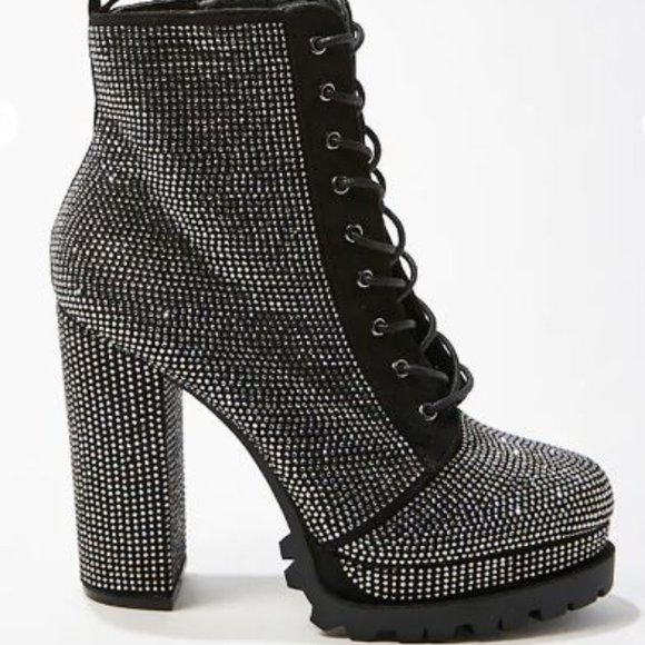Rhinestone Black Platform Rugged Sole Booties - Picture 1 of 4